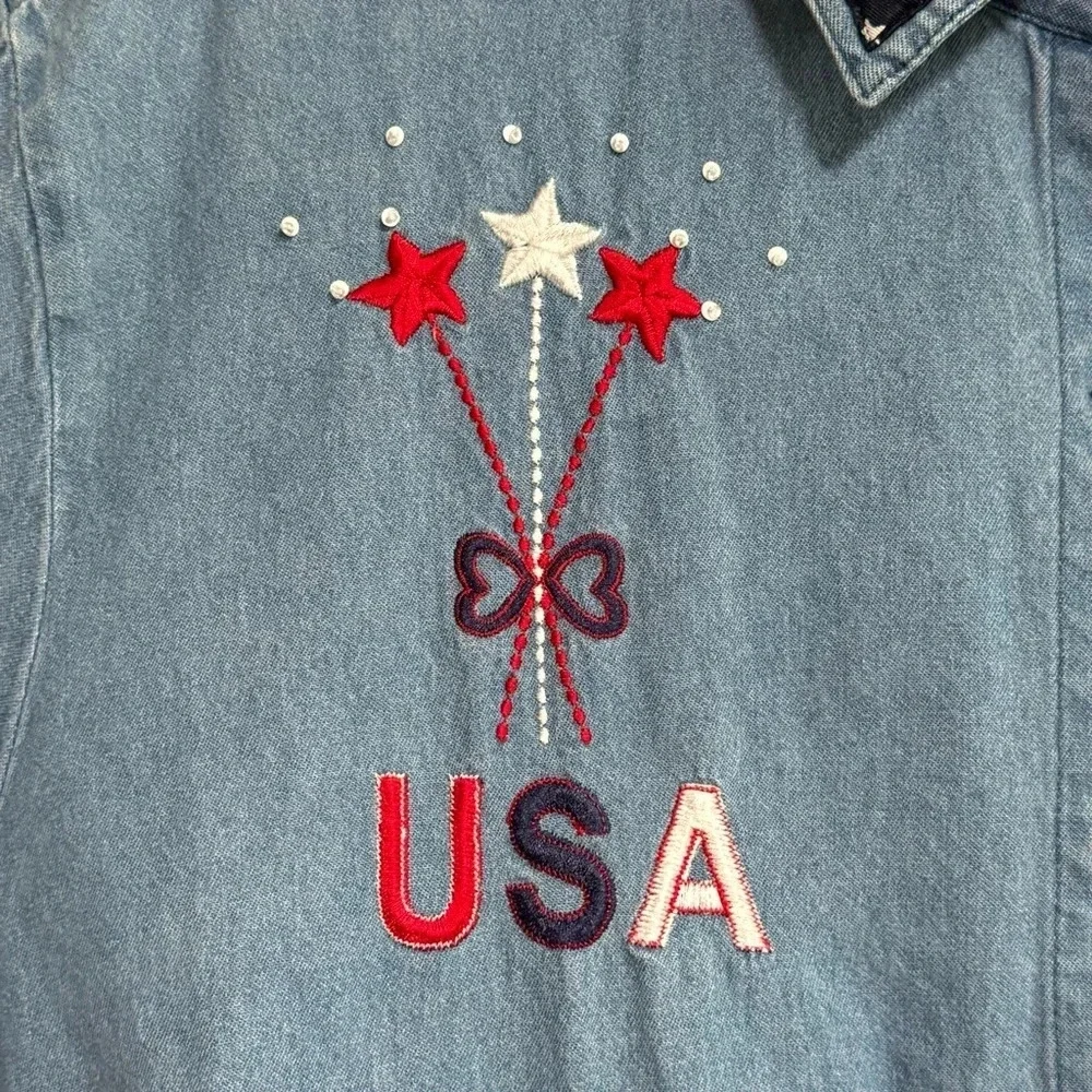 Patriotic USA Patches Embroidered Embellished Red White Blue Denim Shirt Size 3X - Picture 5 of 10